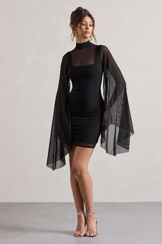 Jenny | Black Mesh High-Neck Cape-Sleeve Mini Dress