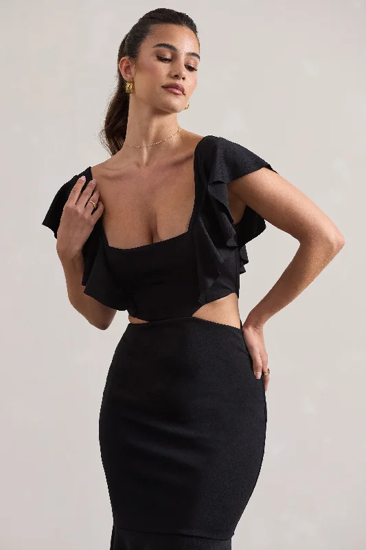 Macey | Black Square-Neck Cut-Out Ruffled Midi Dress