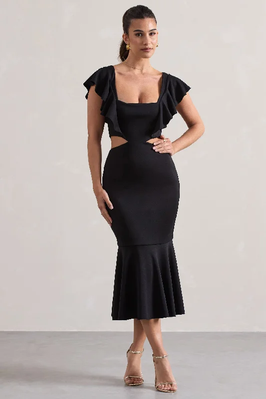 Macey | Black Square-Neck Cut-Out Ruffled Midi Dress