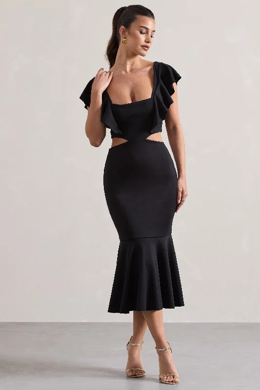 Macey | Black Square-Neck Cut-Out Ruffled Midi Dress