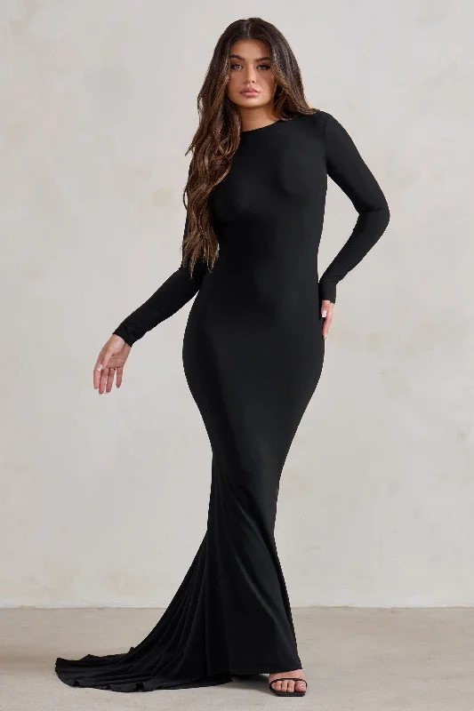 One Step Ahead | Black Long Sleeve Backless Fishtail Maxi Dress