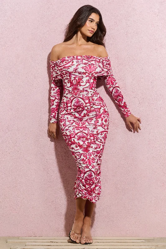 Over Love | Pink Porcelain Print Bardot Midi Dress