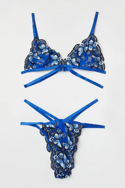 Blue Embroidery Lingerie Set