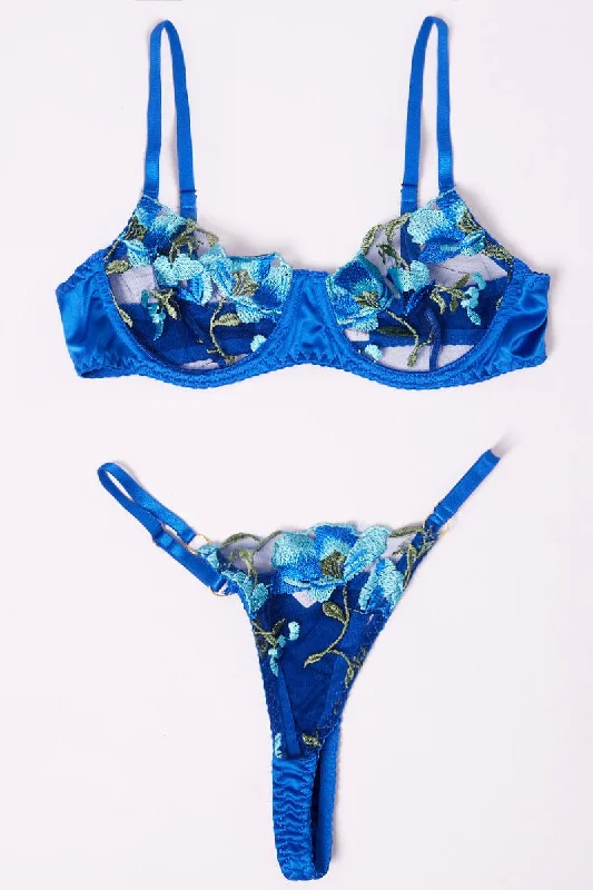 Blue Floral Embroidery Lingerie Set