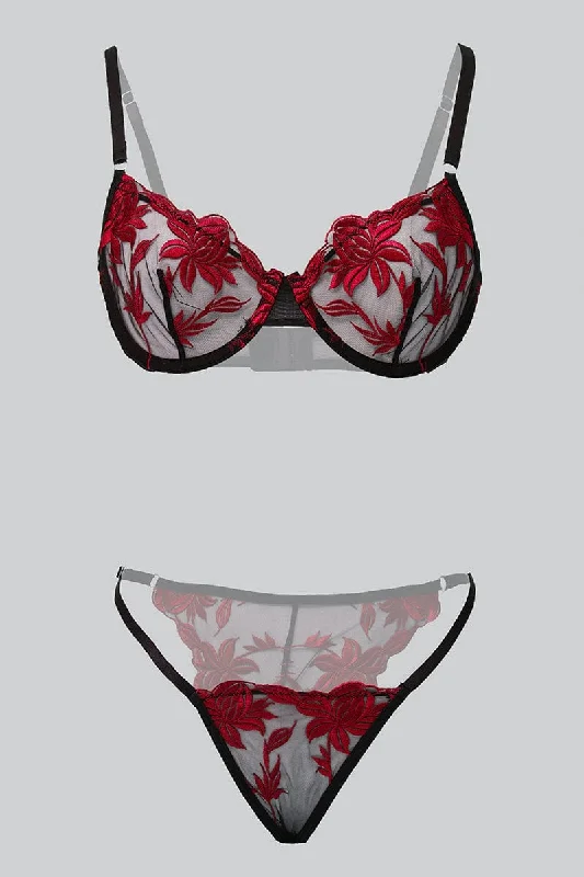 Red Embroidered Lingerie Set