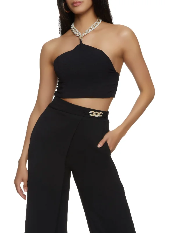 Gauze Knit Chain Link Halter Neck Crop Top