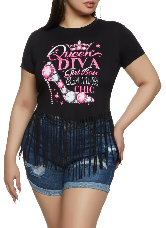 Plus Size Fringe Trim Queen Diva Graphic Tee