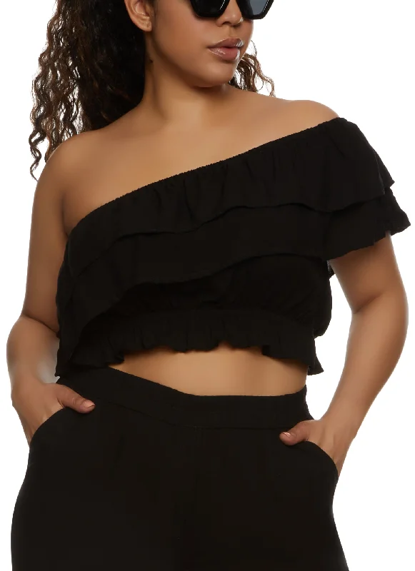 Plus Size Tiered Ruffled One Shoulder Crop Top