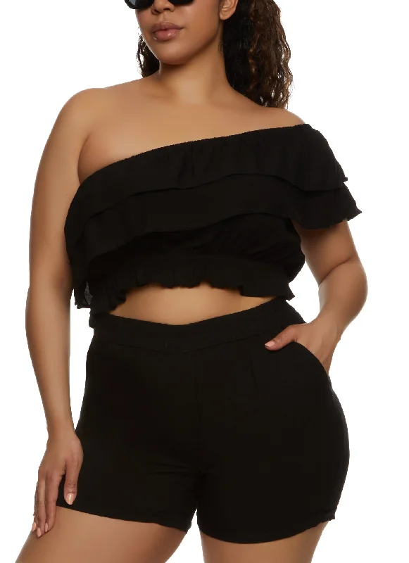 Plus Size Tiered Ruffled One Shoulder Crop Top