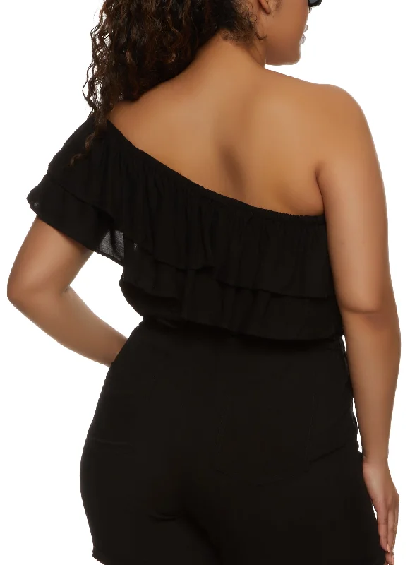 Plus Size Tiered Ruffled One Shoulder Crop Top