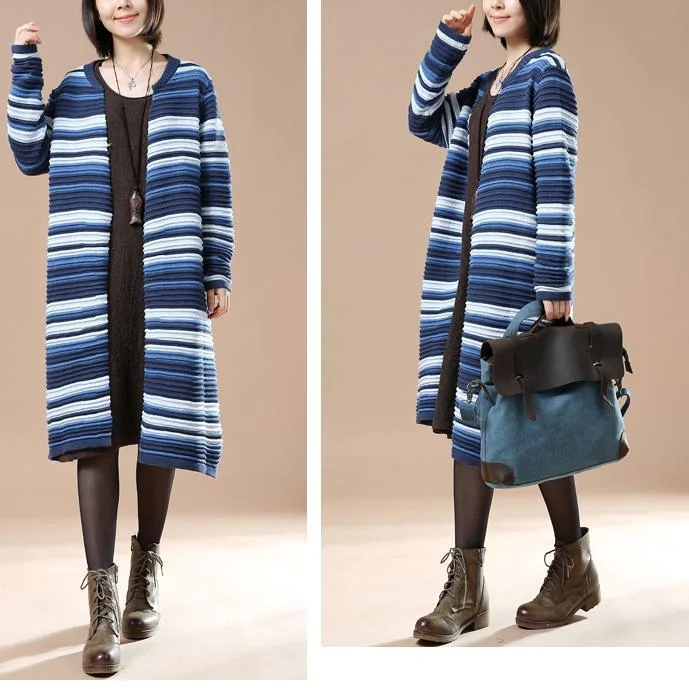 Blue striped knit cardigans woman plus size sweaters coats