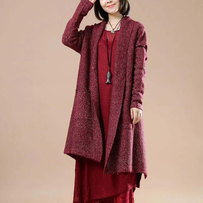 Burgundy long sleeve knit cardigans oversize coats