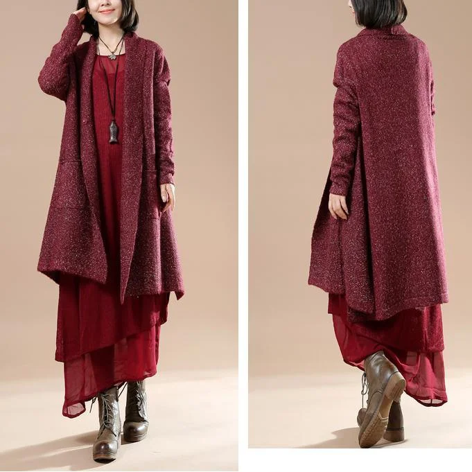 Burgundy long sleeve knit cardigans oversize coats