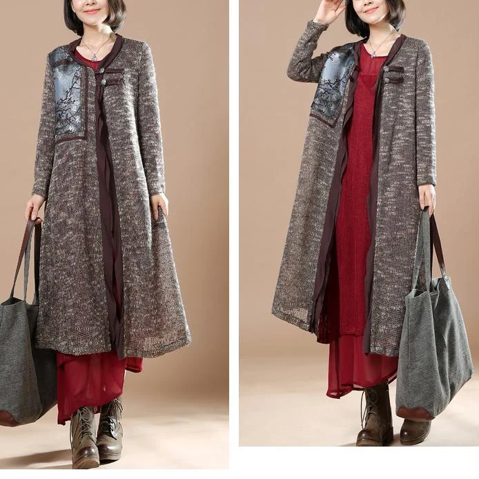 Gray patchwork long sweater coats plus size cardigans orignal design