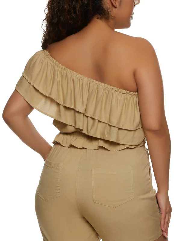 Plus Size Tiered Ruffled One Shoulder Crop Top