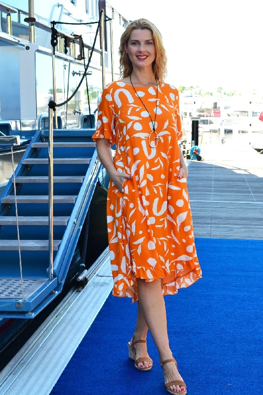 Orange White Spots Print Summer Dress