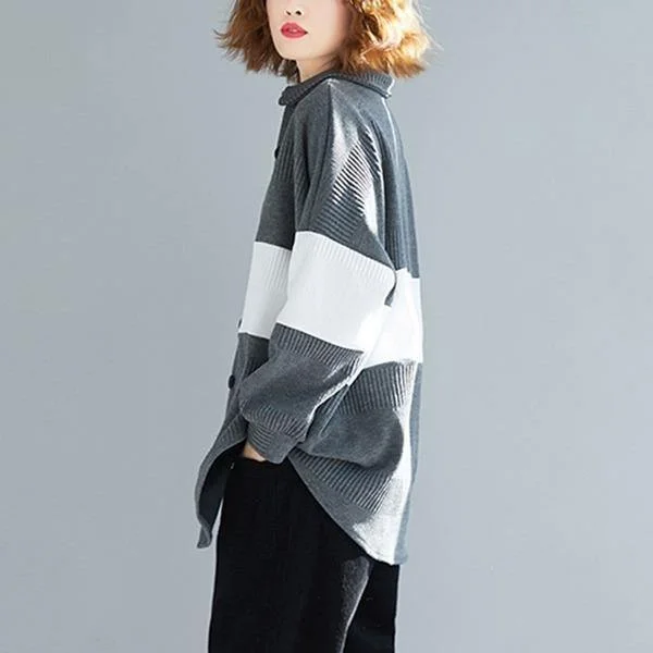 Oversized Women Autumn Casual Coats  Turn-down Collar Patchwork Color Loose Female Jackets