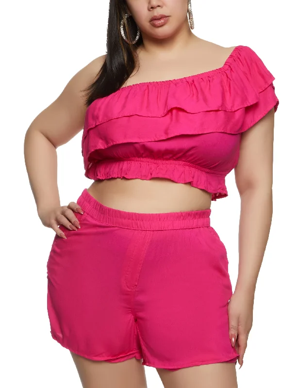 Plus Size Tiered Ruffled One Shoulder Crop Top