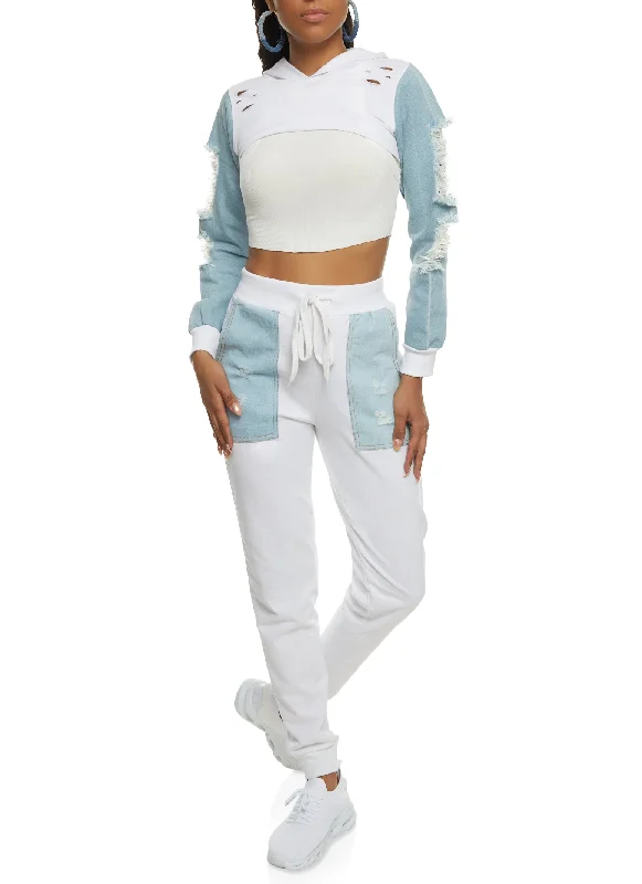 Distressed Denim Sleeve Hooded Bolero