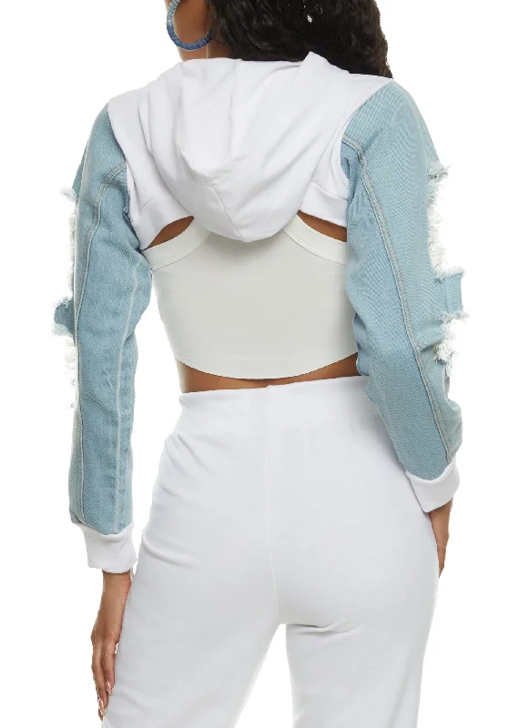 Distressed Denim Sleeve Hooded Bolero