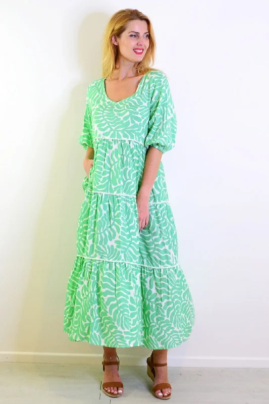 White Green Tiered Tunic Dress