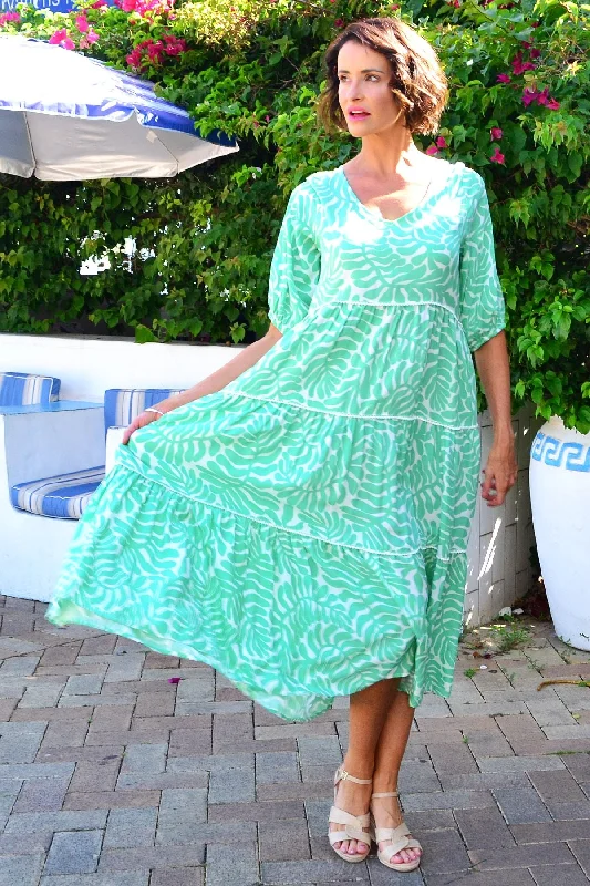 White Green Tiered Tunic Dress