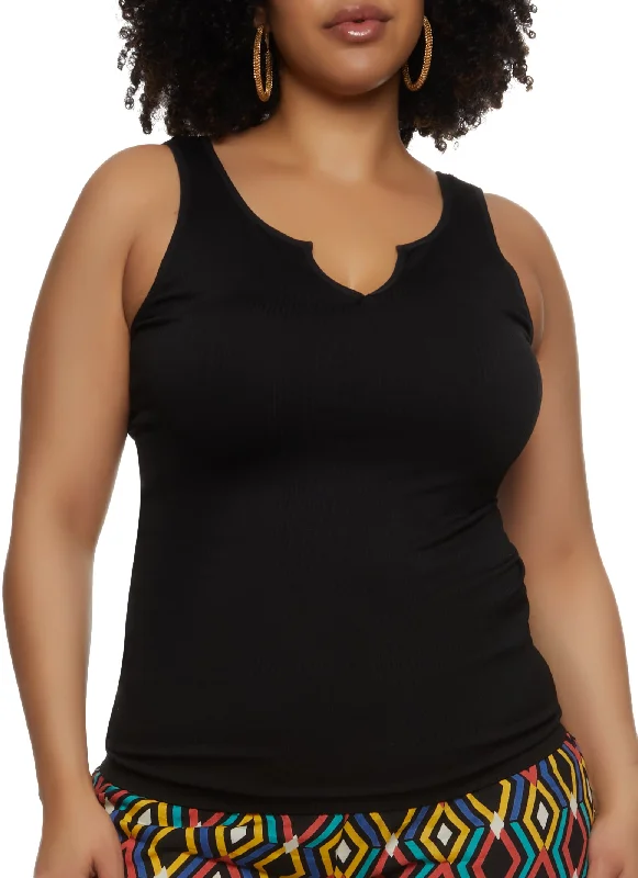 Plus Size Ribbed Notch Neck Tank Top