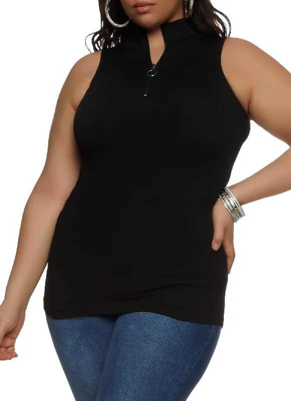 Plus Size Ribbed Sleeveless Zip Neck Top