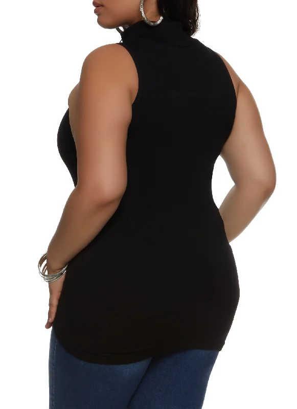 Plus Size Ribbed Sleeveless Zip Neck Top