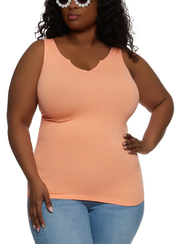 Plus Size Ribbed Notch Neck Tank Top