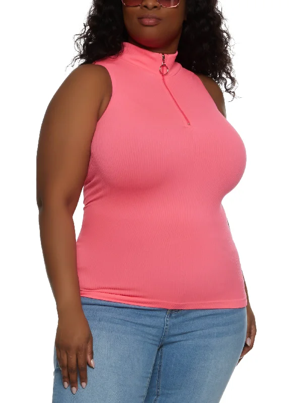 Plus Size Ribbed Sleeveless Zip Neck Top