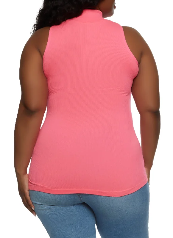 Plus Size Ribbed Sleeveless Zip Neck Top