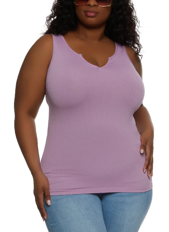 Plus Size Ribbed Notch Neck Tank Top