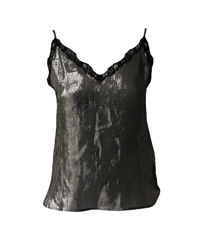 Sandro Lace-Trimmed Tank Top in Metallic Silver Silk