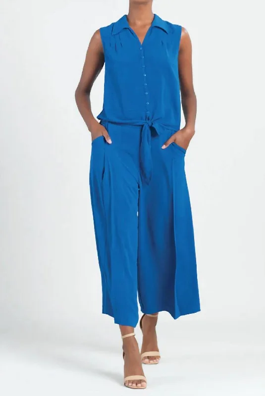 Soft Textured Rayon - Sleeveless Button Down Tie Hem Top In Cobalt