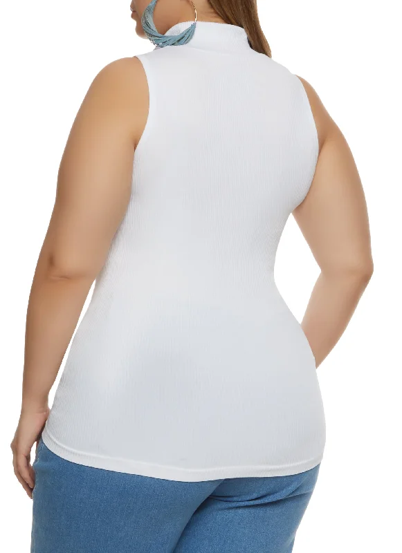 Plus Size Ribbed Sleeveless Zip Neck Top