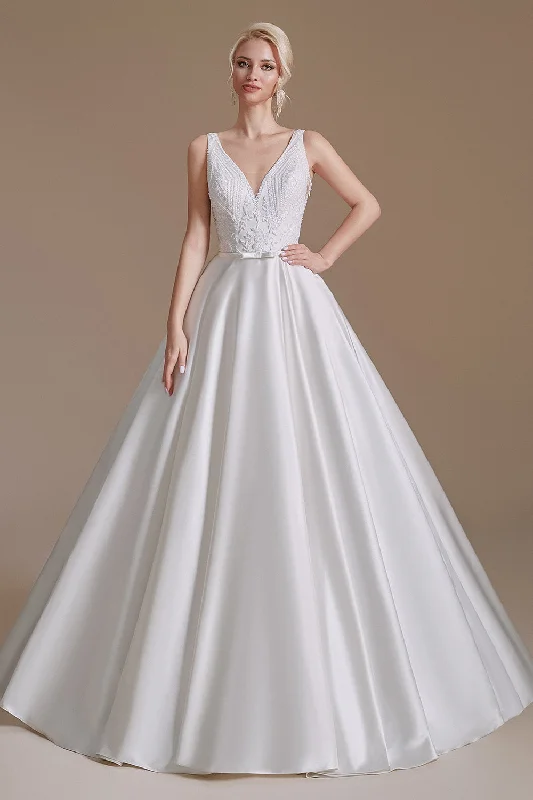 A Line Elegant Sleeveless Stain Long Length Wedding Dress