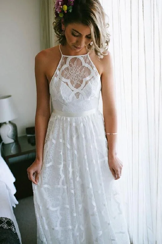 A Line Halter Sleeveless Lace Open Back Beach Wedding Dresses