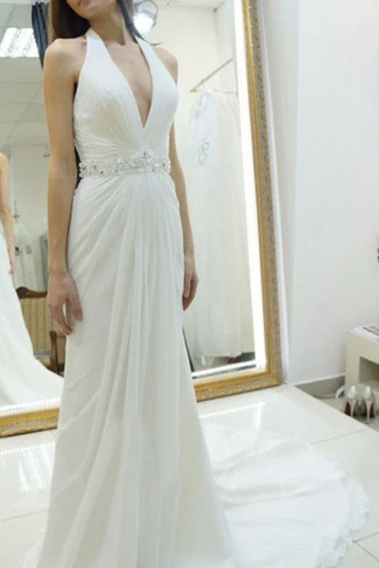 A Line Halter Chiffon Backless Court Train Beach Wedding Dresses N124