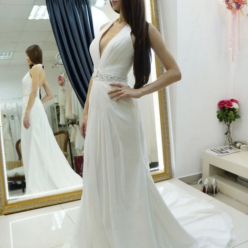 A Line Halter Chiffon Backless Court Train Beach Wedding Dresses N124