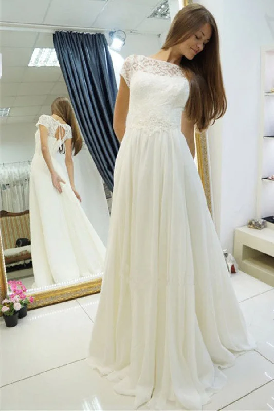 A Line Cap Sleeves Lace Sweep Train Beach Wedding Dress