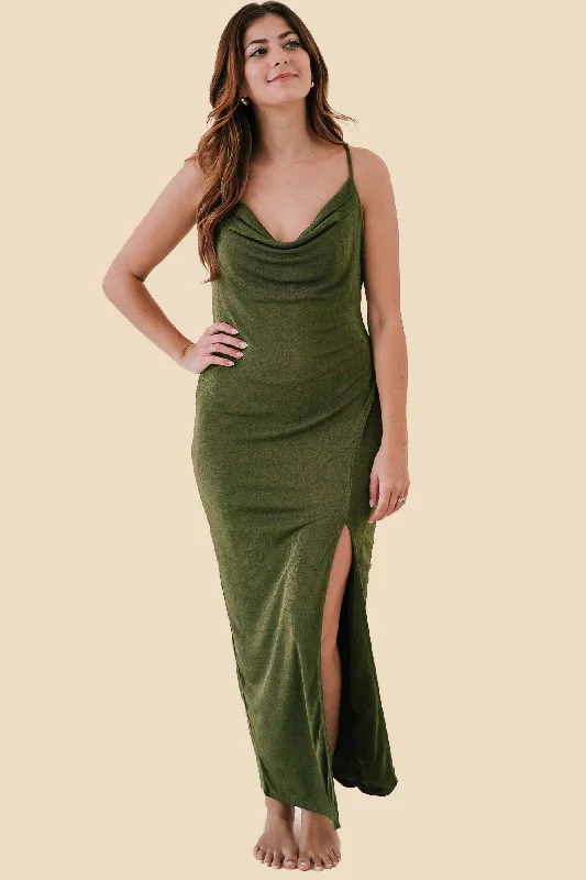 Athena Olive Shimmery Cowl Neck High Slit Maxi Dress