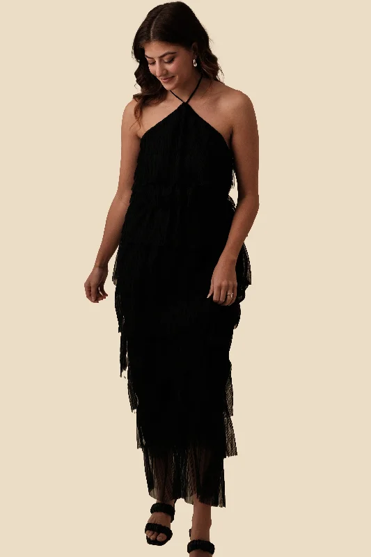 Bria Pleated Tulle Halter Maxi Dress (Black)