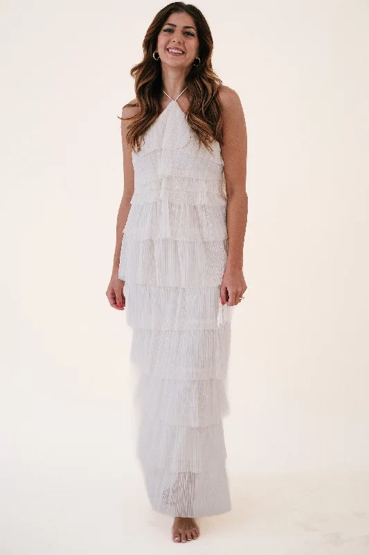 Bria Pleated Tulle Halter Maxi Dress (Cream)