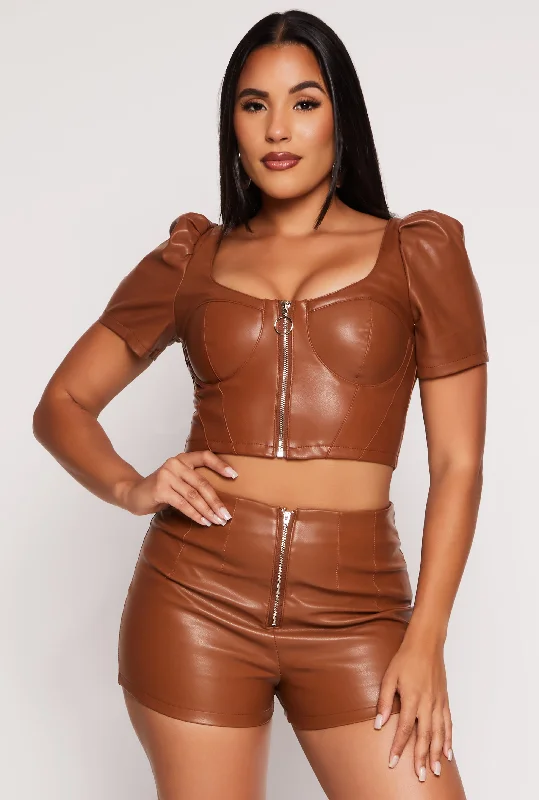 Faux Leather Zip Front Puff Sleeve Corset Top