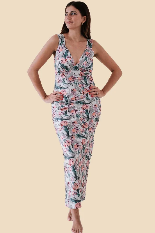 Catalina Sage Peony Floral Printed Sleeveless Maxi Dress (L)