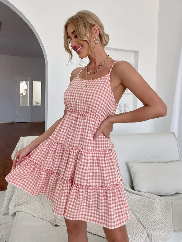 MegaBetty - Halter frilly backless Plaid Dress