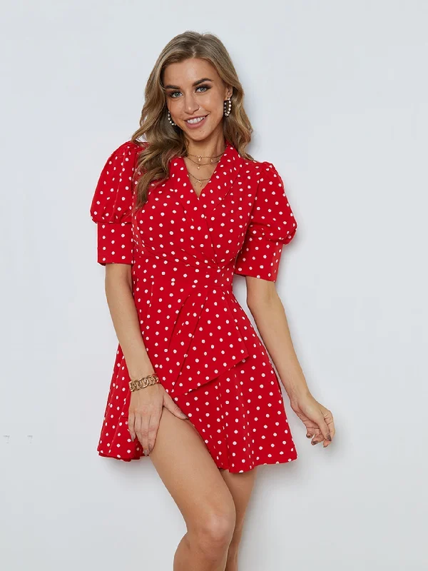 MegaBetty - Polka Dots Puff Sleeve Ruffled Dress