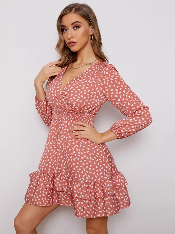 MegaBetty - Women's sexy v-neck bubble long sleeve small floral dress