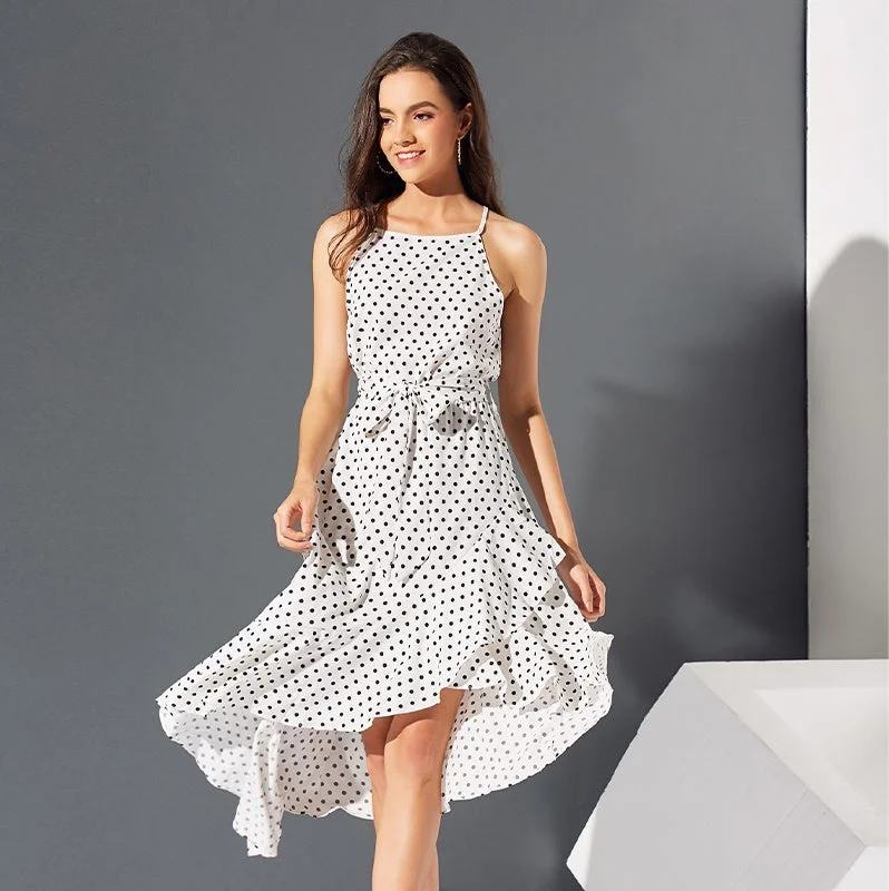 MegaBetty - Fashion Sleeveless Off Shoulder Dot Printing Irregular Hem Belt Waist Dresses